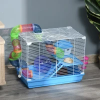 PawHut 18"L Hamster Cage, Small Animal House, 2-Level Rat Gerbil Haven with Tunnel Tube System, Exercise Wheel, Water Bottle, Food Dish, Ramp, Blue(m-1)