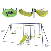 Outsunny Metal Swing Set for Backyard with Adjustable Saucer Swing, Basketball Hoop, Rings, Outdoor Slide, Kids Playground Equipment with 2-Person Swing, Outdoor Playset for Ages 3-12(m-3)