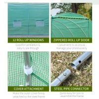 Outsunny 26' x 10' x 6.6' Walk-in Tunnel Hoop Greenhouse, PE Cover, Steel Frame, Roll-Up Zipper Door & 12 Mesh Windows for Flowers, Vegetables, Tropical Plants, Light Green(m-5)