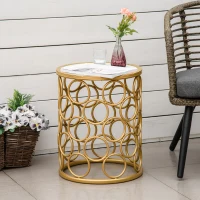 Outsunny Steel Patio End Table, Round Side Table with Hollow Carved Design, Accent Table for Outdoor and Indoor Use, Gold(m-6)