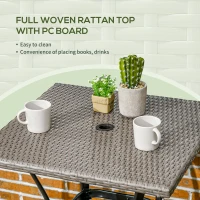 Outsunny Patio Wicker Dining Table with Umbrella Hole, 34 Inch Outdoor PE Rattan Coffee Table with Plastic Board Under the Woven Table Top for Patio, Garden, Balcony, Light Grey(m-5)