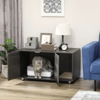 PawHut Litter Box Furniture Hidden Cat Washroom Furniture with Double Doors and Scratching Pad, Black(m-1)