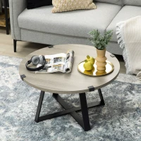 HOMCOM Round Coffee Table, Retro Cocktail Table with Steel Crossed Legs, Aesthetic Living Room Table, Easy to Assemble, Light Gray(m-6)