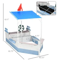 Outsunny Kids Sandbox with Canopy, Pirate Ship Wooden Sand Boxes with Bench for Backyard, Sand Pit for Toddlers, 83" x 43", Blue(m-3)