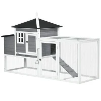 PawHut 73 in Chicken Coop with Run, Wooden Hen House with Nesting Box, Removable Tray, Asphalt Roof, Ramp, Outdoor Poultry Cage, Gray(m-2)