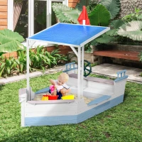 Outsunny Kids Sandbox with Canopy, Pirate Ship Wooden Sand Boxes with Bench for Backyard, Sand Pit for Toddlers, 83" x 43", Blue(m-2)