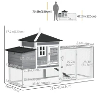 PawHut 73 in Chicken Coop with Run, Wooden Hen House with Nesting Box, Removable Tray, Asphalt Roof, Ramp, Outdoor Poultry Cage, Gray(m-3)