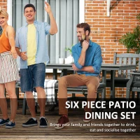 Outsunny 6 Pieces Patio Dining Set, 6 Seater Outdoor Table and Chairs, Conversation Furniture, Armrests, Loveseat Bench, Dinner Table with Umbrella Hole, Cushions, Dark Gray(m-4)
