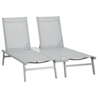 Outsunny Chaise Lounge Pool Chairs Set of 2, Aluminum Outdoor Sun Tanning Chairs with Five-Position Reclining Back, Shelf & Breathable Mesh for Beach, Yard, Patio, Light Gray(m-1)