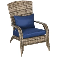 Outsunny Patio Wicker Adirondack Chair, Outdoor All-Weather Rattan Fire Pit Chair w/ Soft Cushions, Tall Curved Backrest and Comfortable Armrests for Deck or Garden, Mixed Tan/Dark Blue(m-1)