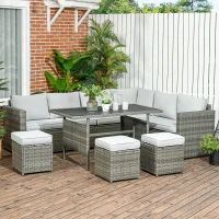Outsunny Wicker Outdoor Patio Furniture Set, L-Shaped 7 Piece Outdoor Dining Sectional Sofa with Dining Table and Chair, Storage Loveseat, Ottomans and Cushions, Mixed Gray(m-2)