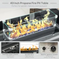 Outsunny Propane Fire Pit Table 43" Outdoor Fire Table, 50,000 BTU Pulse-Ignition Wicker Firepit Furniture with Glass Wind Guard, Blue Glass Rock, CSA Certification, Coffee(m-4)