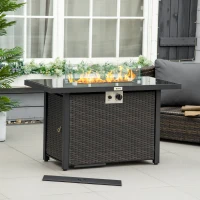 Outsunny Propane Fire Pit Table 43" Outdoor Fire Table, 50,000 BTU Pulse-Ignition Wicker Firepit Furniture with Glass Wind Guard, Blue Glass Rock, CSA Certification, Coffee(m-1)