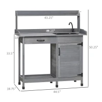 Outsunny Potting Bench Table with Sink, Outdoor Work Bench Table with Storage Cabinet, Hooks, Removable Sink, Faucet and Drawer for Greenhouse, Garden, Patio, Gray(m-3)