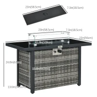 Outsunny Propane Fire Pit Table 43" Outdoor Fire Table, 50,000 BTU Pulse-Ignition Wicker Firepit Furniture with Glass Wind Guard, Blue Glass Rock, CSA Certification, Grey(m-3)