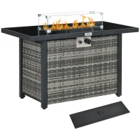 Outsunny Propane Fire Pit Table 43" Outdoor Fire Table, 50,000 BTU Pulse-Ignition Wicker Firepit Furniture with Glass Wind Guard, Blue Glass Rock, CSA Certification, Grey(m-2)