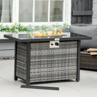 Outsunny Propane Fire Pit Table 43" Outdoor Fire Table, 50,000 BTU Pulse-Ignition Wicker Firepit Furniture with Glass Wind Guard, Blue Glass Rock, CSA Certification, Grey(m-7)
