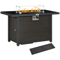 Outsunny Propane Fire Pit Table 43" Outdoor Fire Table, 50,000 BTU Pulse-Ignition Wicker Firepit Furniture with Glass Wind Guard, Blue Glass Rock, CSA Certification, Coffee(m-2)