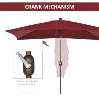 Outsunny 6.5x10ft Patio Umbrella Rectangle Solar Powered Tilt Aluminum Outdoor Market Parasol with LEDs Crank (Wine Red)(m-7)