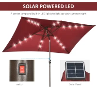 Outsunny 6.5x10ft Patio Umbrella Rectangle Solar Powered Tilt Aluminum Outdoor Market Parasol with LEDs Crank (Wine Red)(m-5)
