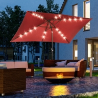 Outsunny 6.5x10ft Patio Umbrella Rectangle Solar Powered Tilt Aluminum Outdoor Market Parasol with LEDs Crank (Wine Red)