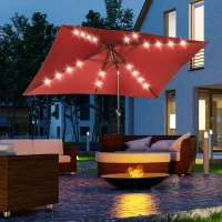 Outsunny 6.5x10ft Patio Umbrella Rectangle Solar Powered Tilt Aluminum Outdoor Market Parasol with LEDs Crank (Wine Red)(m-1)