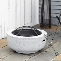 Outsunny 24" Outdoor Fire Pit with Stone Effect, Wood-burning Firepit Fireplace with Spark Screen and Poker for Backyard Camping Bonfire, Gray(m-7)