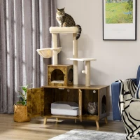 PawHut Litter Box Enclosure with Cat Tree Tower, Hidden Cat Washroom Furniture with Condo, Scratching Posts, Large Platform, Hammock and Soft Cushion, Rustic Brown(m-1)