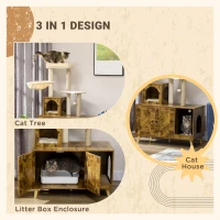 PawHut Litter Box Enclosure with Cat Tree Tower, Hidden Cat Washroom Furniture with Condo, Scratching Posts, Large Platform, Hammock and Soft Cushion, Rustic Brown(m-4)