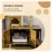 PawHut Litter Box Enclosure with Cat Tree Tower, Hidden Cat Washroom Furniture with Condo, Scratching Posts, Large Platform, Hammock and Soft Cushion, Rustic Brown(m-6)