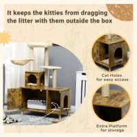 PawHut Litter Box Enclosure with Cat Tree Tower, Hidden Cat Washroom Furniture with Condo, Scratching Posts, Large Platform, Hammock and Soft Cushion, Rustic Brown(m-7)