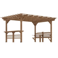 Outsunny 14' x 10' Outdoor Pergola, Wooden Gazebo Grill Canopy with Bar Counters and Seating Benches, for Garden, Patio, Backyard, Deck(m-2)