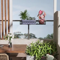 Outsunny 32'' x 12'' Hanging Flower Pot Stand Rack with Hooks, Metal Plant Pot Holder, Railing Shelf, Windows Decorate for Outdoor Garden Balcony Fence Patio(m-12)