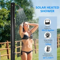 Outsunny 7.3FT 5.3 Gallon Solar Heated Shower, 2-Section Outdoor Shower with Shower Head, Foot Shower, Temperature Display for Backyard, Poolside, Spa, Beach, Black(m-4)