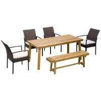 Outsunny Outdoor Dining Set for 6, Patio Dining Furniture Set with PE Wicker Chairs, Armrests, Acacia Wood Loveseat Bench & Dinner Table, Cushions, White(m-1)