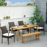 Outsunny Outdoor Dining Set for 6, Patio Dining Furniture Set with PE Wicker Chairs, Armrests, Acacia Wood Loveseat Bench & Dinner Table, Cushions, White(m-2)
