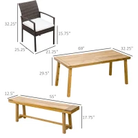 Outsunny Outdoor Dining Set for 6, Patio Dining Furniture Set with PE Wicker Chairs, Armrests, Acacia Wood Loveseat Bench & Dinner Table, Cushions, White(m-3)