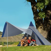 Outsunny 15.4'x15.4'x8.5' Teepee Tent, Waterproof Camping Tent with Porch Area, Floor and Carry Bag, for 2-3 Person Outdoor Backpacking Camping Hiking, Blue(m-2)