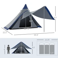 Outsunny 15.4'x15.4'x8.5' Teepee Tent, Waterproof Camping Tent with Porch Area, Floor and Carry Bag, for 2-3 Person Outdoor Backpacking Camping Hiking, Blue(m-3)