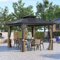 Outsunny 10' x 12' Hardtop Gazebo, Aluminum Frame Garden Sun Shelter with Double Tier Metal Roof, Mosquito Netting, Curtains, and Hanging Hook, Brown(m-1)