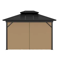 Outsunny 10' x 12' Hardtop Gazebo, Aluminum Frame Garden Sun Shelter with Double Tier Metal Roof, Mosquito Netting, Curtains, and Hanging Hook, Brown(m-9)