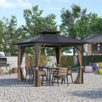 Outsunny 10' x 10' Hardtop Gazebo with Curtains and Netting, Permanent Pavilion Metal Double Roof Gazebo Canopy with Aluminum Frame and Hooks, for Garden, Patio, Backyard, Dark Brown(m-2)