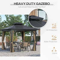 Outsunny 10' x 10' Hardtop Gazebo with Curtains and Netting, Permanent Pavilion Metal Double Roof Gazebo Canopy with Aluminum Frame and Hooks, for Garden, Patio, Backyard, Dark Brown(m-4)