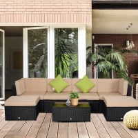 Outsunny 7pcs Wicker Rattan Sectional Set Outdoor Patio Sofa Table Footstools Set Garden Furniture with Cushions, Khaki(m-1)
