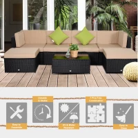 Outsunny 7pcs Wicker Rattan Sectional Set Outdoor Patio Sofa Table Footstools Set Garden Furniture with Cushions, Khaki(m-7)