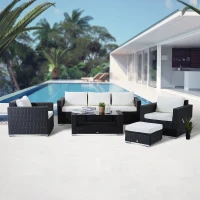 Outsunny 7 Pieces Patio Wicker Furniture Set, Outdoor PE Rattan Sectional Conversation Furniture Sofa with Glass Table and Cushion, Beige(m-1)