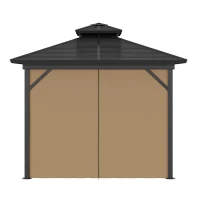 Outsunny 10' x 10' Hardtop Gazebo with Curtains and Netting, Permanent Pavilion Metal Double Roof Gazebo Canopy with Aluminum Frame and Hooks, for Garden, Patio, Backyard, Dark Brown(m-8)