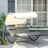 Outsunny Outdoor Double Chaise Rocking Chair, Day Bed Sun Lounger with Canopy Shade, Headrest Pillow, Armrests for Garden, Poolside, Light Gray(m-2)
