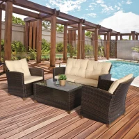 Outsunny 4 Pieces Patio Furniture Sets, Deluxe Outdoor Rattan Wicker Conversation Set with Chairs, Coffee Table and Cushion for Backyard Garden Poolside and Deck, Beige(m-1)