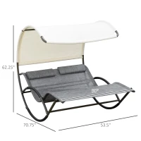 Outsunny Outdoor Double Chaise Rocking Chair, Day Bed Sun Lounger with Canopy Shade, Headrest Pillow, Armrests for Garden, Poolside, Light Gray(m-3)